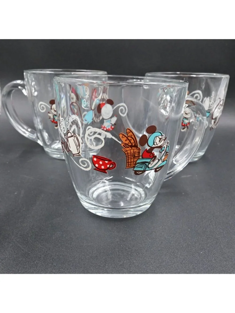 Disney Mickey & Minnie Mouse Clear Glass Coffee Tea Mugs Cups Set of 5 Vintage